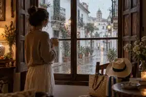 Femme regardant la pluie par la fenêtre, illustration de l'hypothèse avec si en espagnol