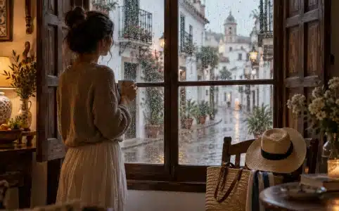 Femme regardant la pluie par la fenêtre, illustration de l'hypothèse avec si en espagnol
