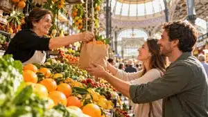Marchande qui donne des oranges à deux clients pour illustrer leur en espagnol