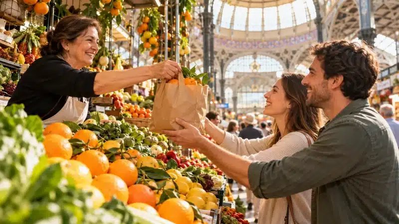 Marchande qui donne des oranges à deux clients pour illustrer leur en espagnol